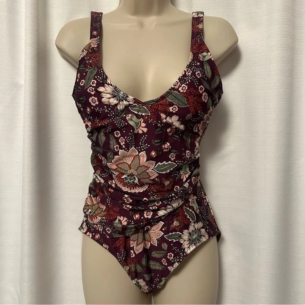 Anne Cole Size 10 20M0033 Wine Floral Print Boho Flattering One Piece Swimsuit - Picture 5 of 11